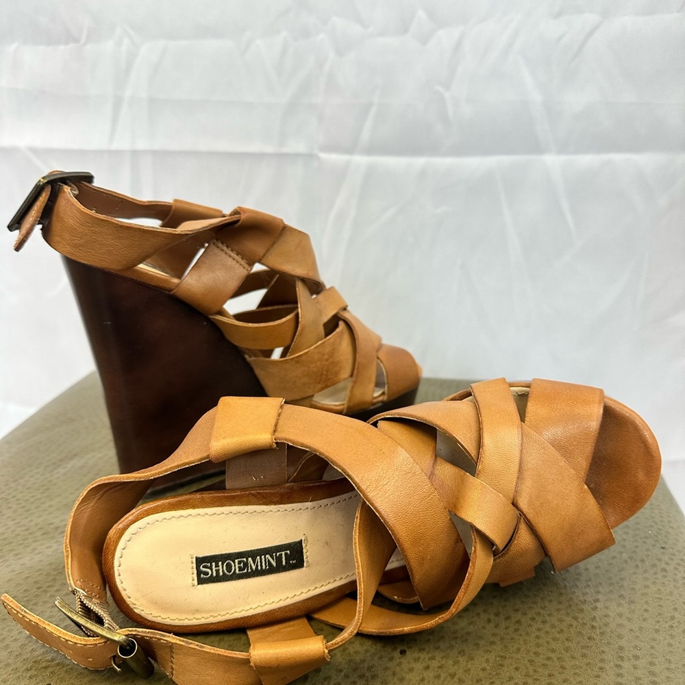 Shoemint Cognac Leather Open Weave Platform Sanda… - image 7